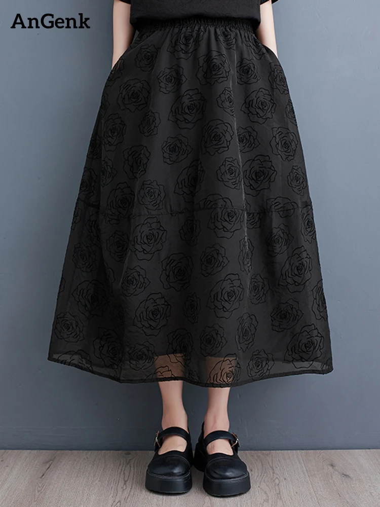 

2023 Summer New Organza Black Vintage Floral High Waist Skirt Women Loose Casual Long Skirts Clothing Fashion Streetwear