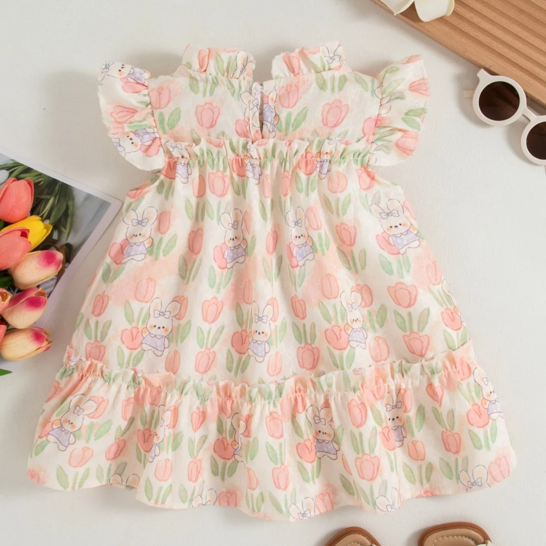 Baby Dresses Summer Full Print Cartoon Rabbit And Tulip Pattern Short Sleeve Casual Girls Dress Cute Gentle Baby Girl Dress