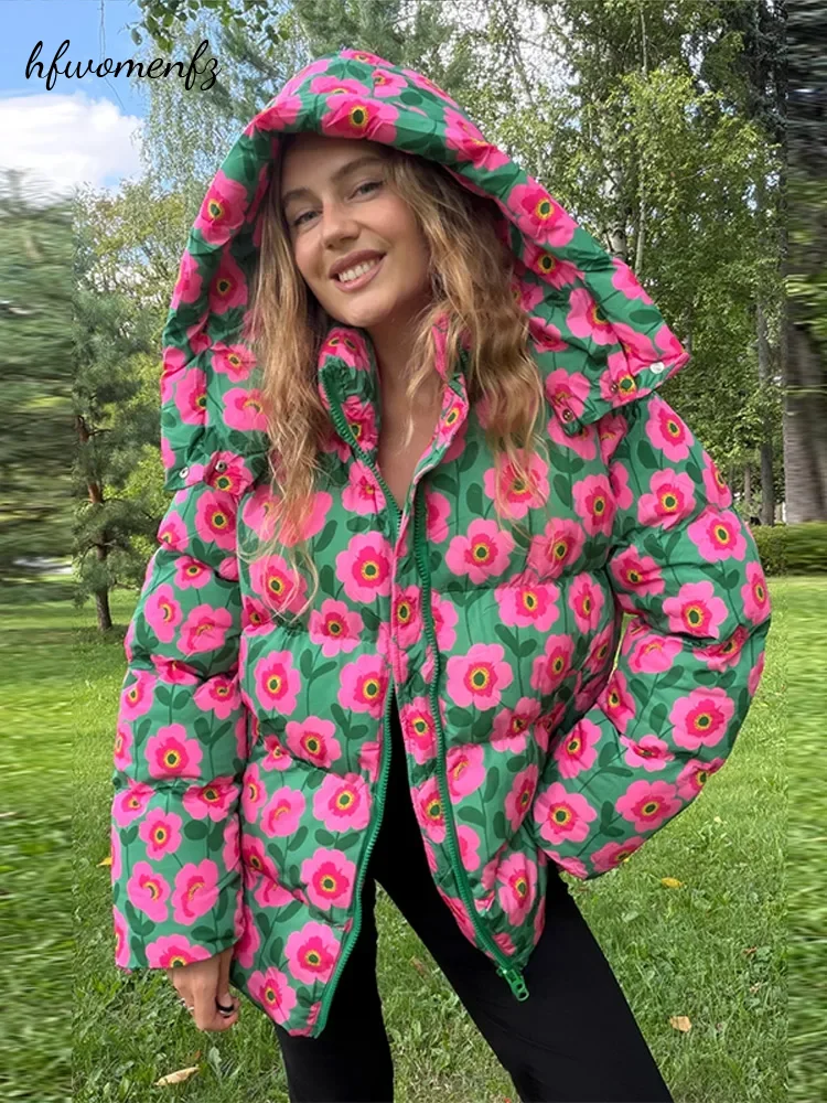 Casual Women's Winter Printed Hooded Quilted Jacket Stand Collar Zipper Long Sleeve Padded Coat 2026 Fashion Lady Street Outwear
