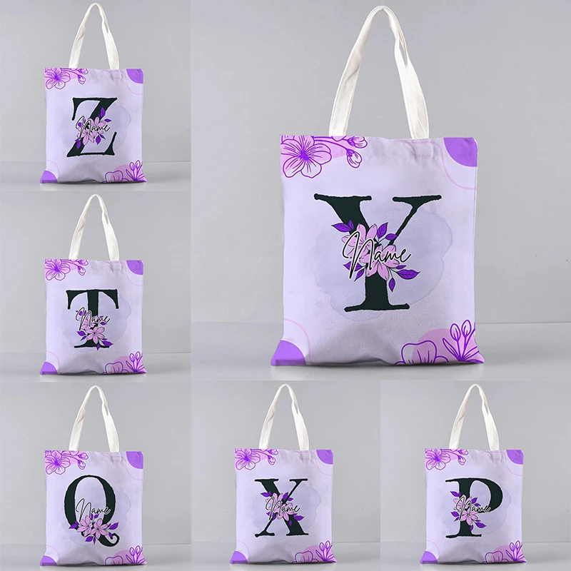 

Purple Flower A-Z Letter Custom Name Shoulder Bag Retro Large Capacity Travel Tote Bags Reusable Shopping Bag Wedding Party Gift