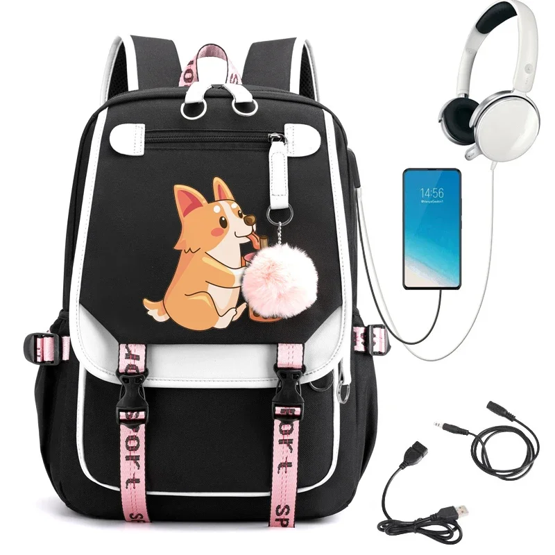 Anime Cartoon Mochila para Estudantes Universitários, Bonito Corgi Boba, Laptop Bag, Travel Book Bag, Moda, Kawaii, Novo