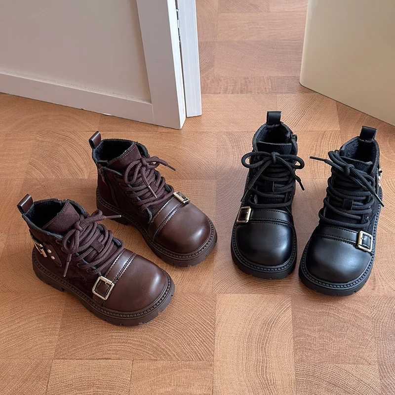 2026 Children's Winter Boots for Girl Outdoor Fashion Toddler Ankle Boots Vintage Kids Platform Plush Boots Black Brown 26-35
