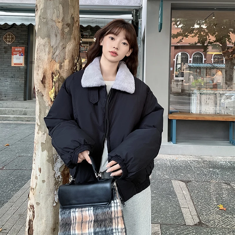 여성용 겨울 자켓 패션 플러시 칼라 푸퍼 다운 코튼 코트 하라주쿠 레트로 라펠 숏 파카 한국 스트리트 패딩 자켓