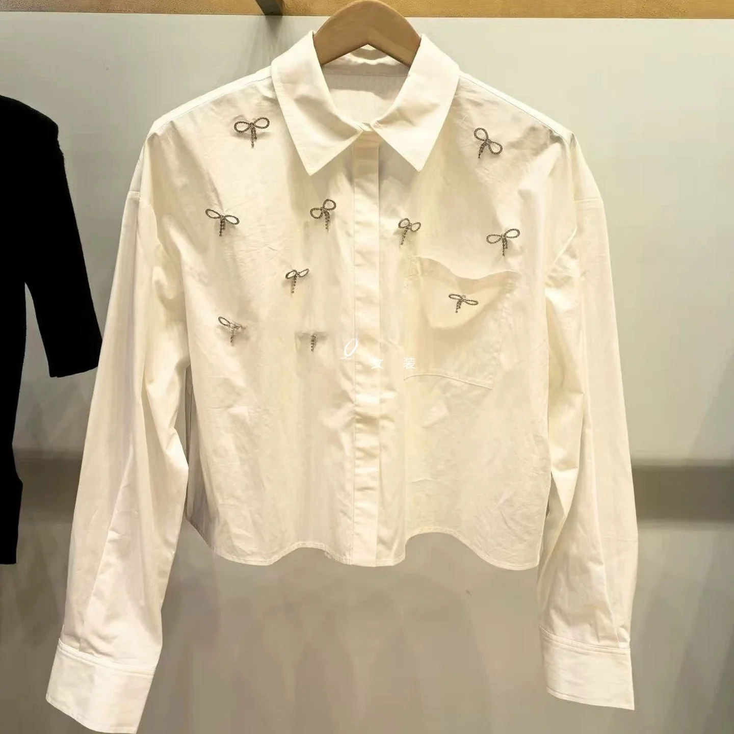 Fashionable Pure Color  Knot Flower Decoration Shirt Top 2025 Autumn Winter New Style Versatile Mj Streetwear