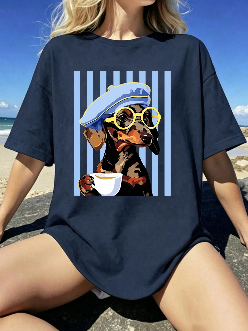 Dackel-Illustrationsdrucke T-Shirts Baumwolle Damen Sommer Oversize-Tops Weiches O-Ausschnitt Kurzarm-T-Shirt Basic Damenbekleidung – Detail 29