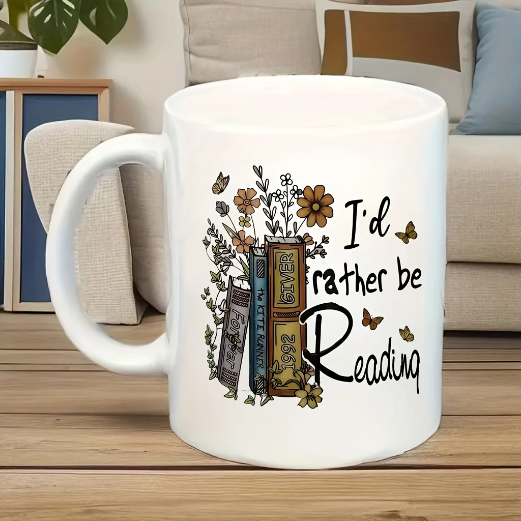 

11 oz Insulated Ceramic Mug - "I'd Rather Read" with Bookshelf and Floral Design - Reusable, Hand Wash Only