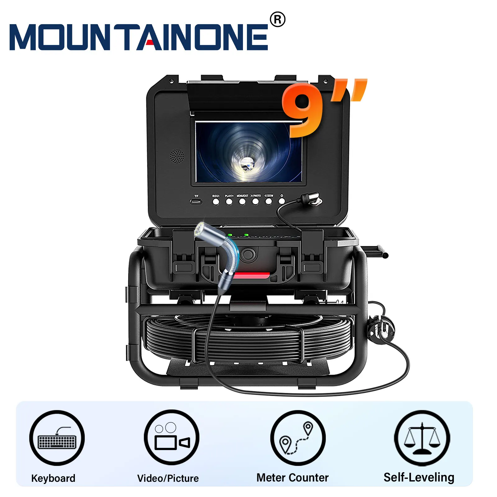

Sewer Pipe Inspection Camera 9inch IPS 1080P Screen Audio Record 5XImage Enlarge+Meter Counter Self-Leveling 512HZ Locator
