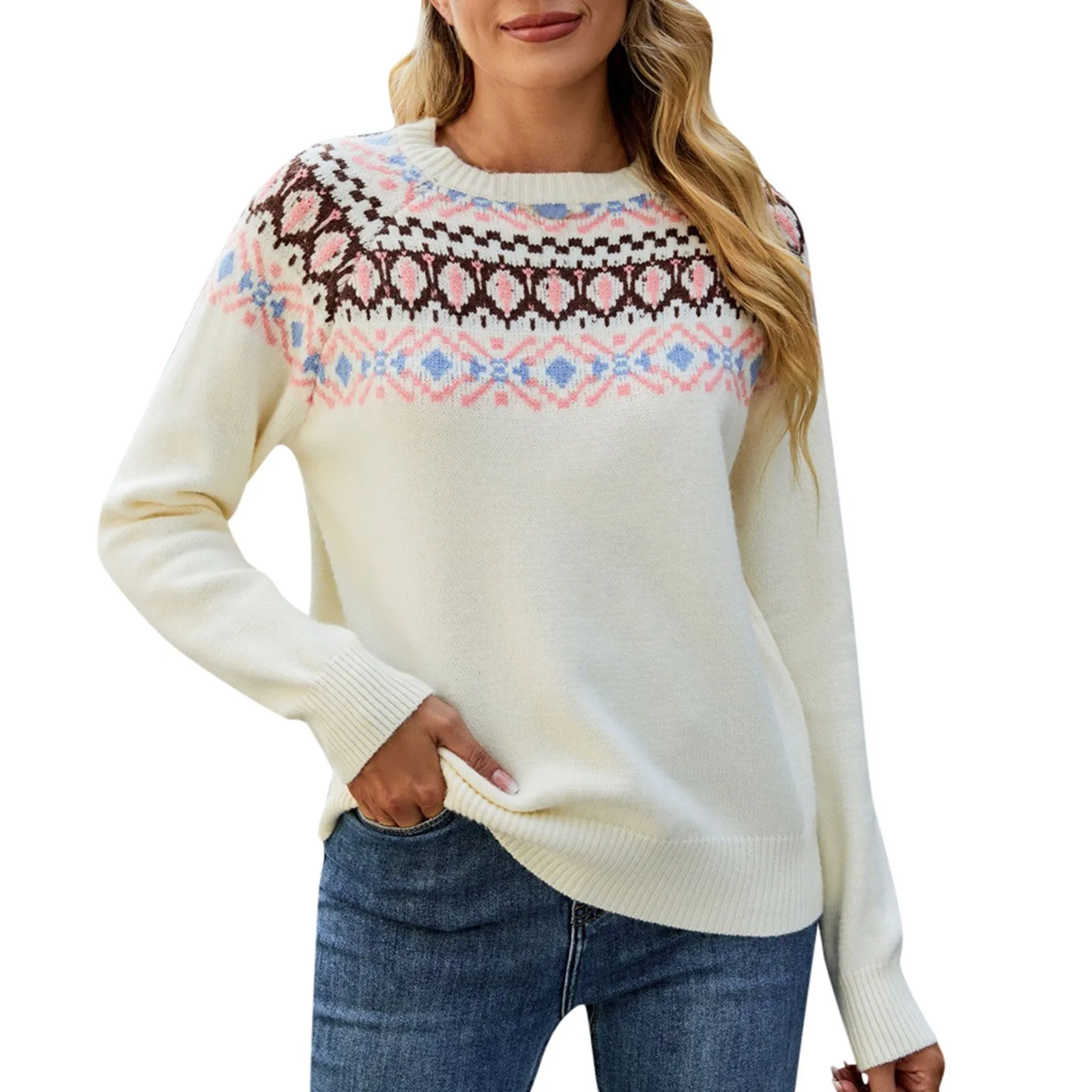 Pull Jacquard Vintage Coloré pour Femme, Vêtement d'Hiver en Tricot, Style Boho, Slim, 2024