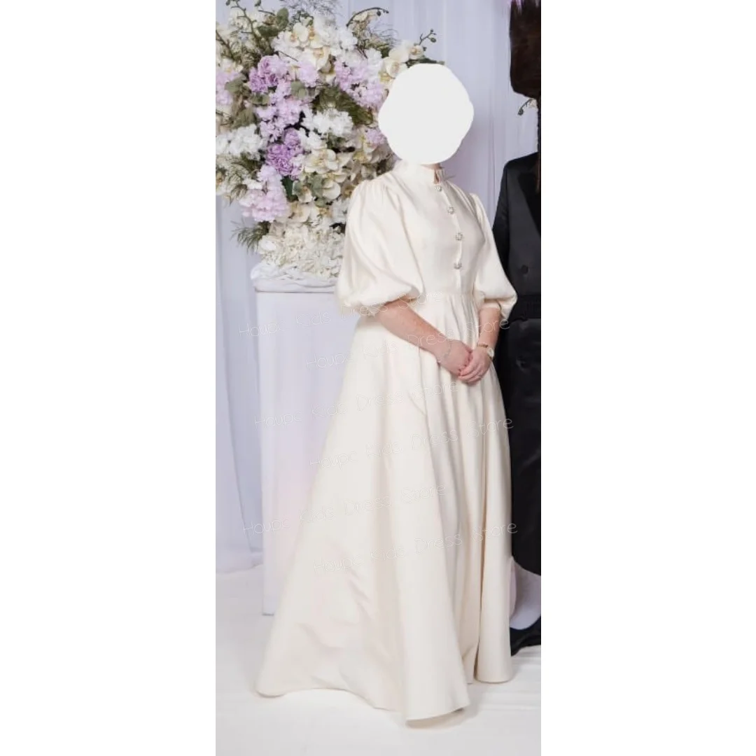Custom Ivory Satin Flower Girl Dress for First Communion High Neck Pearl Button Front Puff Sleeve A-Line Gown, Customizable Kid