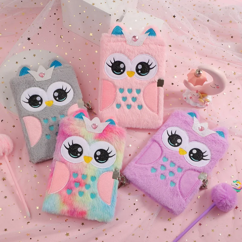 A5 Cartoon Plush Owl Notebook with Lock Children\'s Shcool Writting Notebook Journal Gift Girl Cute Lockable Diary Notepad