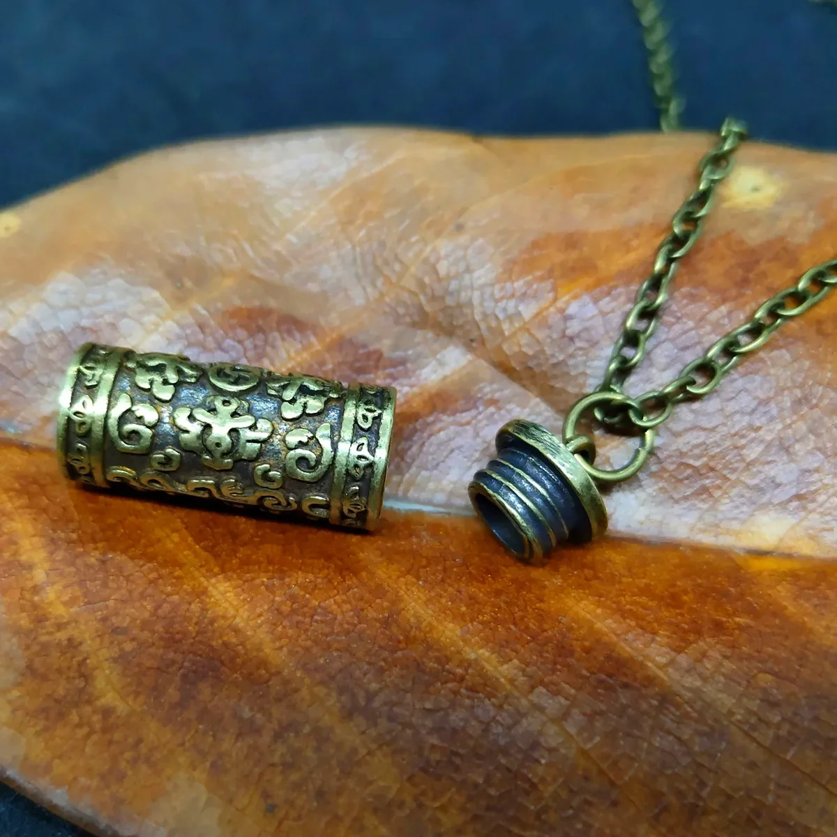 Retro Brass Cremation Mini Urn Ashes Cylinder Vial Pendant Necklace Sanskrit Mantra Embossed Pendant Charm Memorial Jewelry