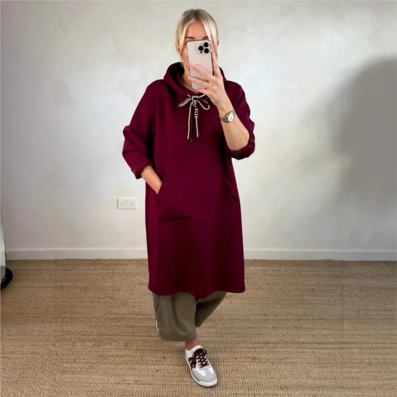 

Fashion Loose Solid Hooded Midi Dresses For Women 2025 Autumn Winter Sweatshirt Casual Long Sleeved Big Pocket Dress Vestidos