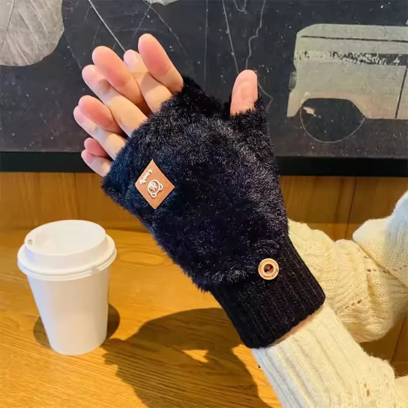 Frauen Fuzzy Handschuhe Winter Flip-Top Warme Fingerlose Fäustlinge Student Schreiben Dicke Nette Bär Weiche Tippen Büro Plüsch Dame handschuhe