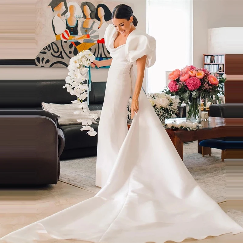 Simple Solid Mermaid Wedding Dresses Ruched Square Collar Puff Sleeves Bridal Evening Prom Dress 2026 Long Elastic Bride Gowns