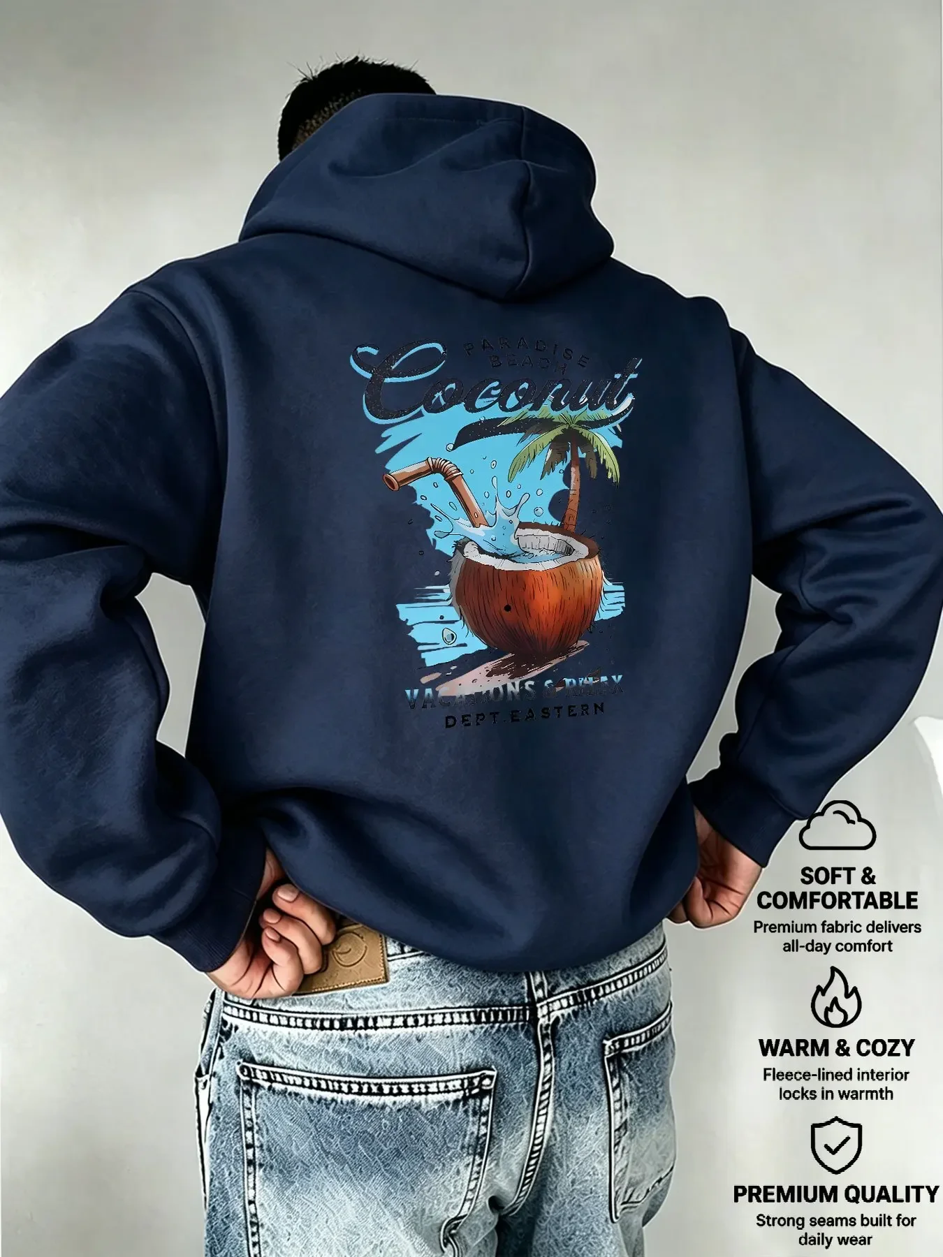 Loose-fitting Men's Hoodie, Retro Coconut Drink Palm Paradise Beach Vacation Handwritten Text Print Casual Sweatshirt