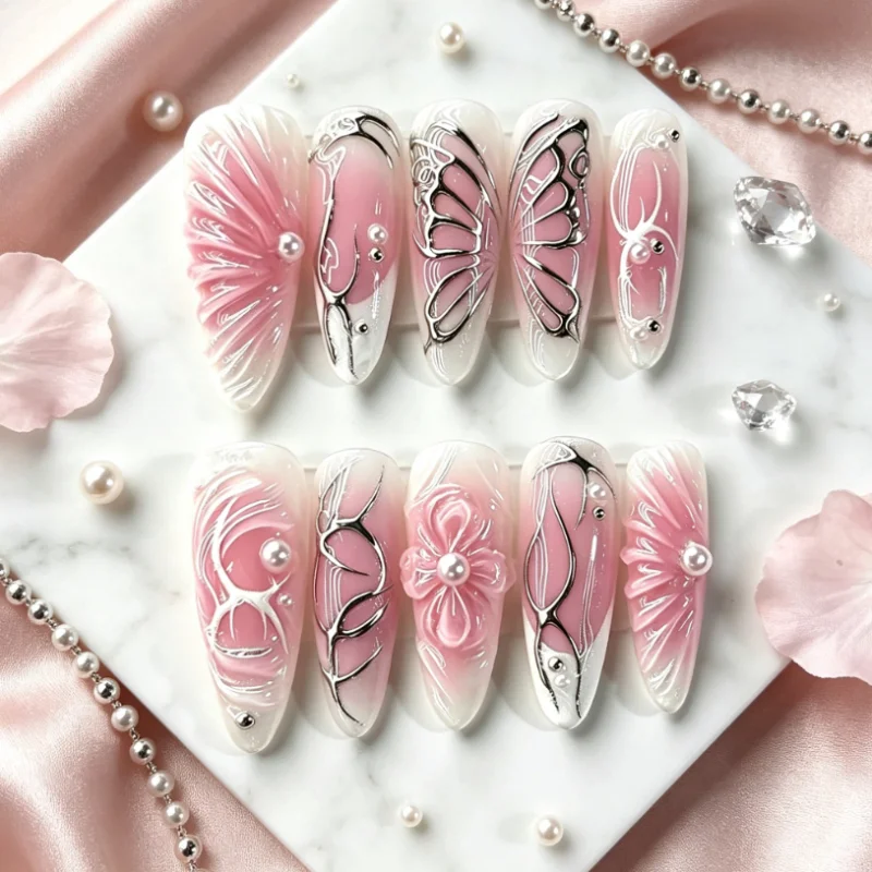 24-unidades-de-unhas-posticas-rosa-e-brancas-com-design-de-borboleta-3d-flores-e-linhas-prateadas-unhas-de-pressao-com-detalhes-em-perola-para-mulheres
