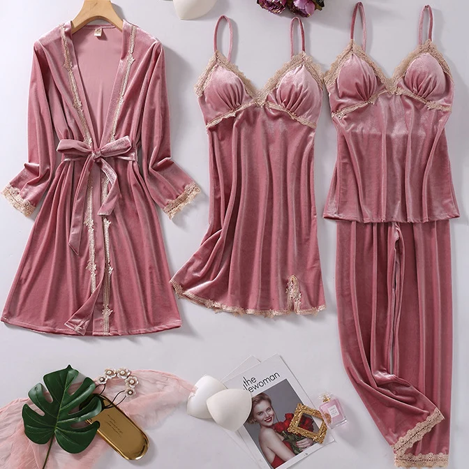 

Thick Velvet 4PCS Pajamas Set Sexy Lace Bathrobe Nightgown Trouser Pijamas Suit Loose Homewear Autumn Winter Female Sleepwear