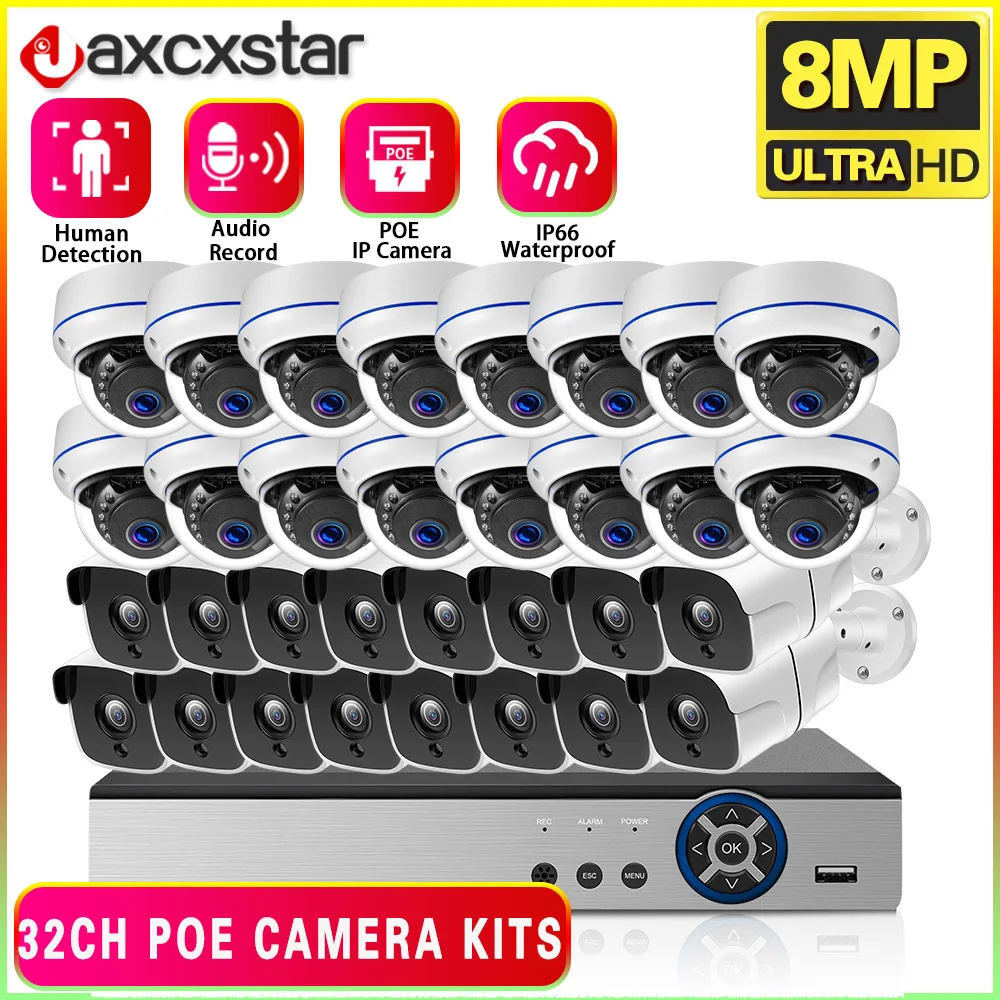 H.265 32CH 4K POE NVR Kit 8MP CCTV security Indoor outdoor Waterproof   Camera Audio Night Vision Camera Video Surveillance set