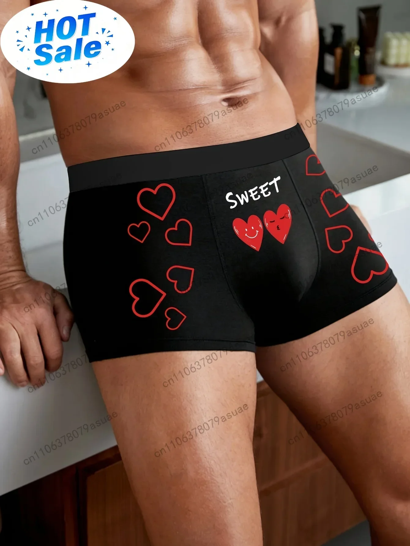 Men'S Black Sexy Boxer Briefs with Red Cartoon Hearts & 