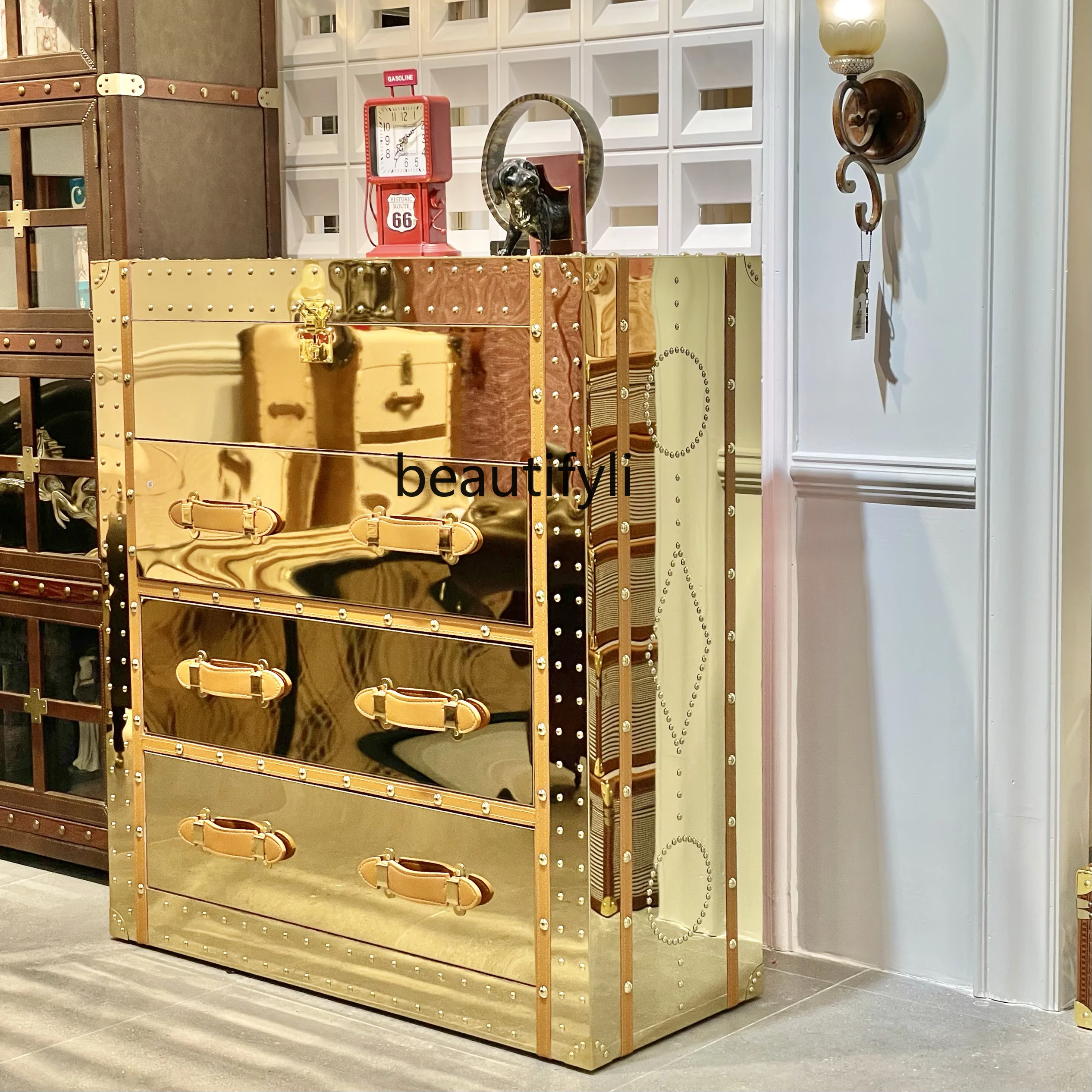 

A36 Light luxury gold 8k mirror drawer type chest cabinet side cabinet entrance display cabinet