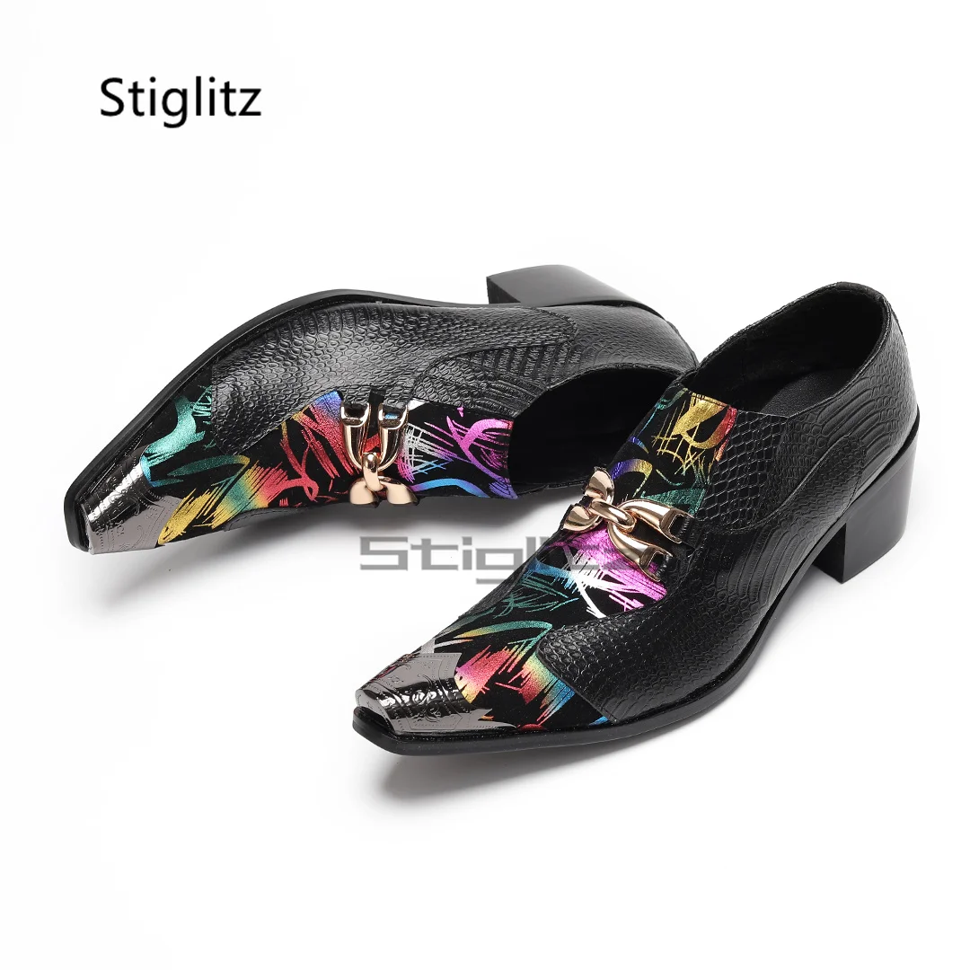 Men's Prints Leather Dress Shoes Black Genuine Cowhide Metal Buckle Pointy Patchwork Slip On High Heels Business Party Shoes