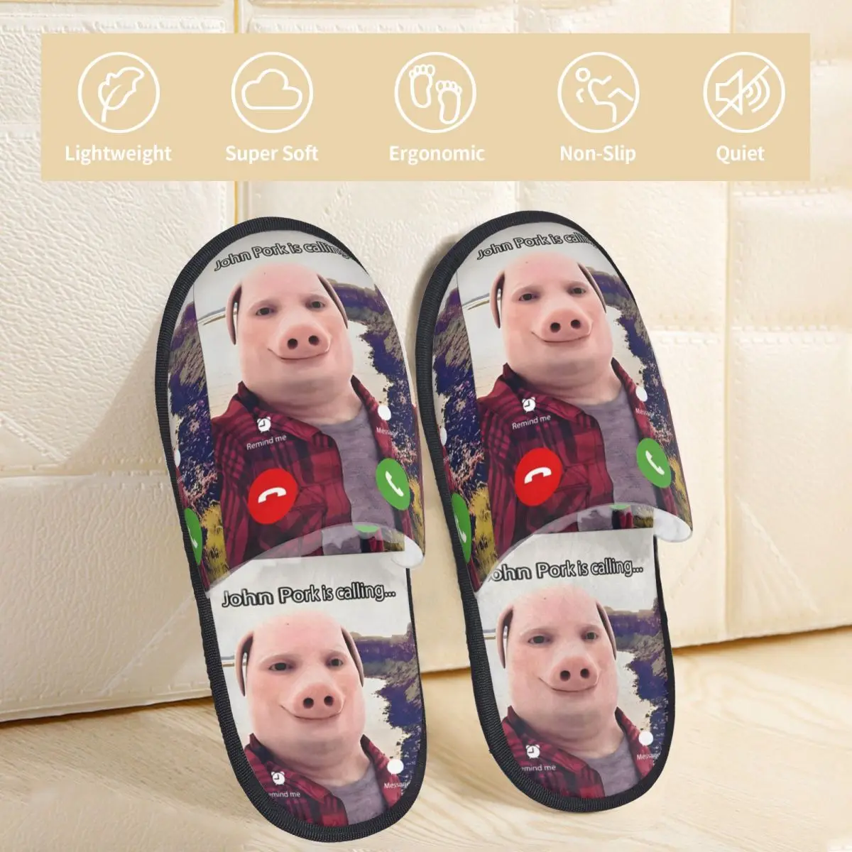 John Pork Is Calling Funny Winter Slippers Bedroom Pig Meme Soft Memory Foam Slippers Non Slip