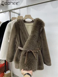 Women Fur Coat Mink Plush V Neck Long Sleeve Lace Up Cardigan Elegant Winter 2024 Female Trend Splice Mid Length Outwear