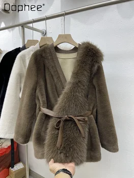 Frauen Pelzmantel Nerz Plüsch V-Ausschnitt Langarm Schnür jacke elegante Winter 2024 weibliche Trend Spleiß mittellange Outwear