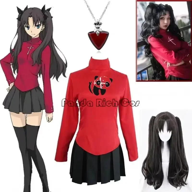 

Tohsaka Jean anime Fate stay night cosplay costumes girl Red Shirt skirt women Halloween costumes wig dress necklace rode play