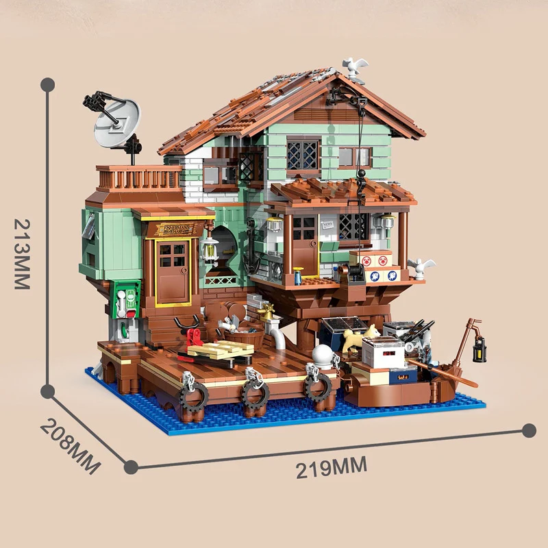 Creative Fisherman\'s Cabin Wharf Model Building Blocks Street View Old Fishing Shop Village Hut With Figures Mini Bricks Kid Toy