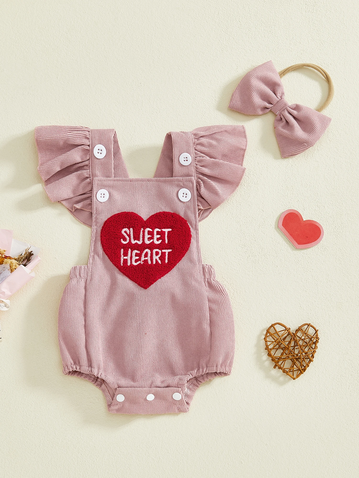 

Sweetheart Baby Girl Valentine s Day Outfit Heart Print Ruffle Sleeve Romper and Matching Headband 2 Piece Set - Adorable