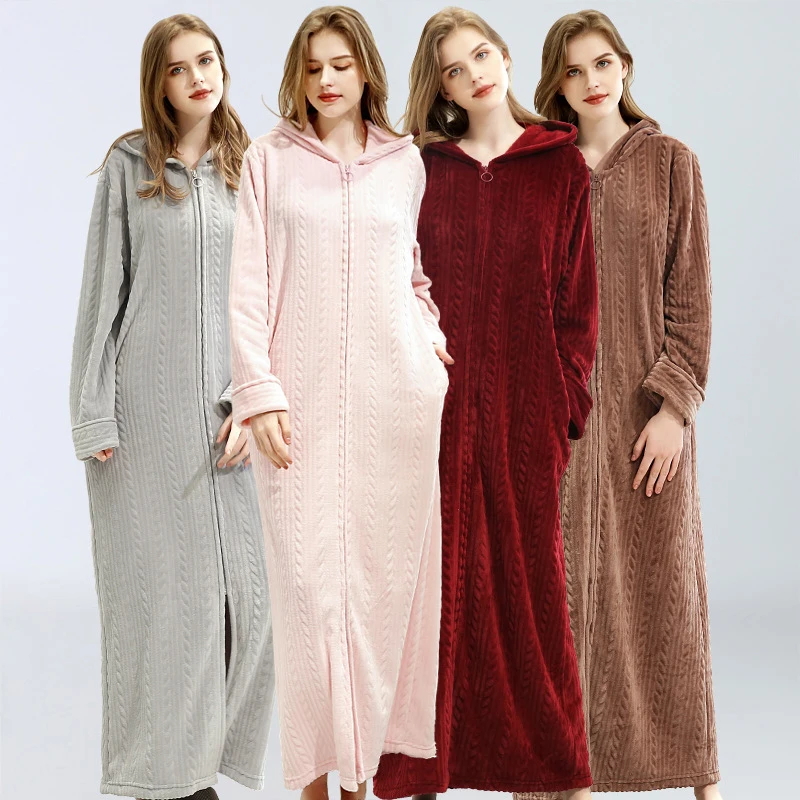 Flannel Women's Bathrobe Zipper Hooded Warm Soft Ladies Thick Dressing Gown Pocketslong Sleeve Home Clothes For Female Winter