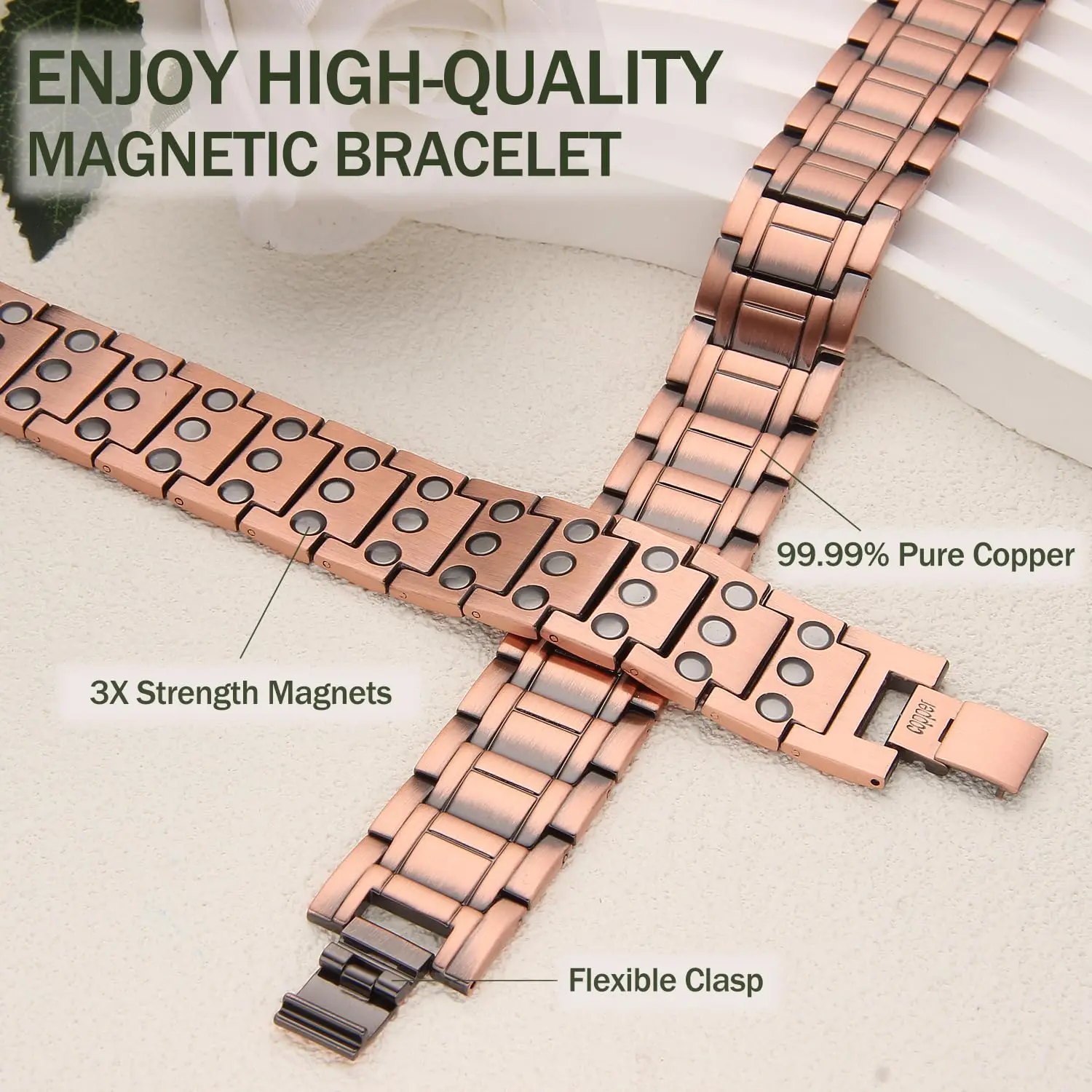 Magnetic Copper Bracelet Man Wide Wristband Metal Magnet Therapy Hand Chain Link Health Energy Male Jewelry Fold-Over Clasp