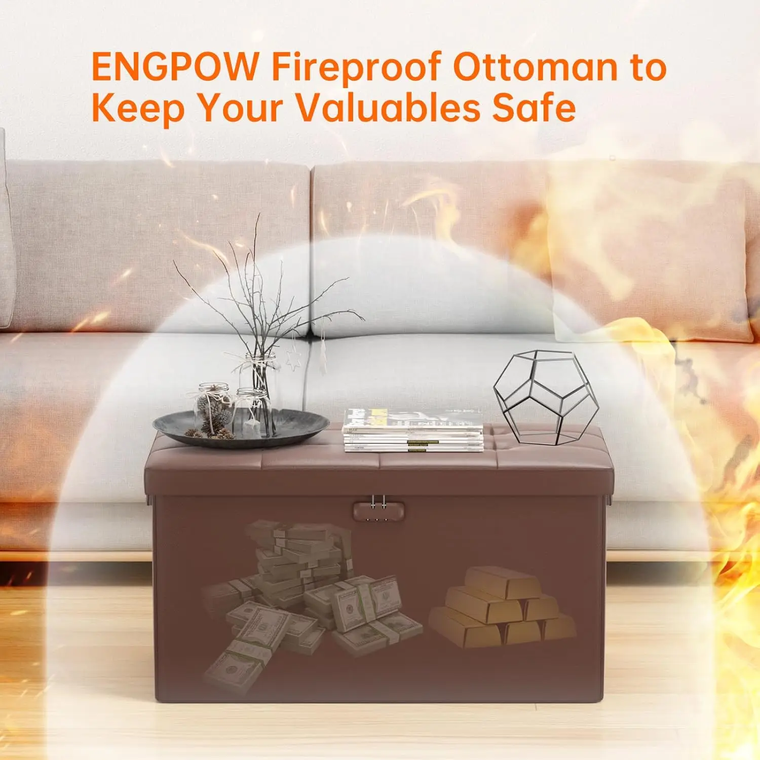 

Engpow Storage Ottoman Bench,Fireproof Folding Storage Bench With Lock,30 Inches Fire＆Water Resistant Storage Chest Foot Rest