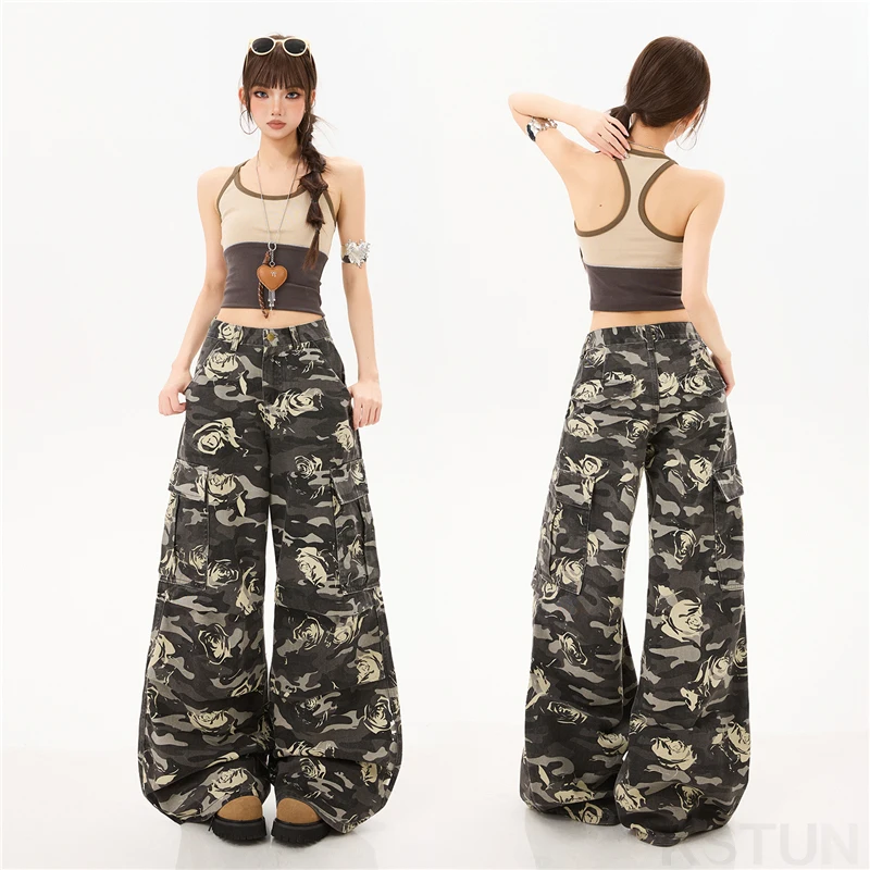 KSTUN Women's Wide Leg Cargo Pants Loose Baggy Pants Camouflage Printed Outdoor Work Pants Vintage Female Multi-pockets Trousers