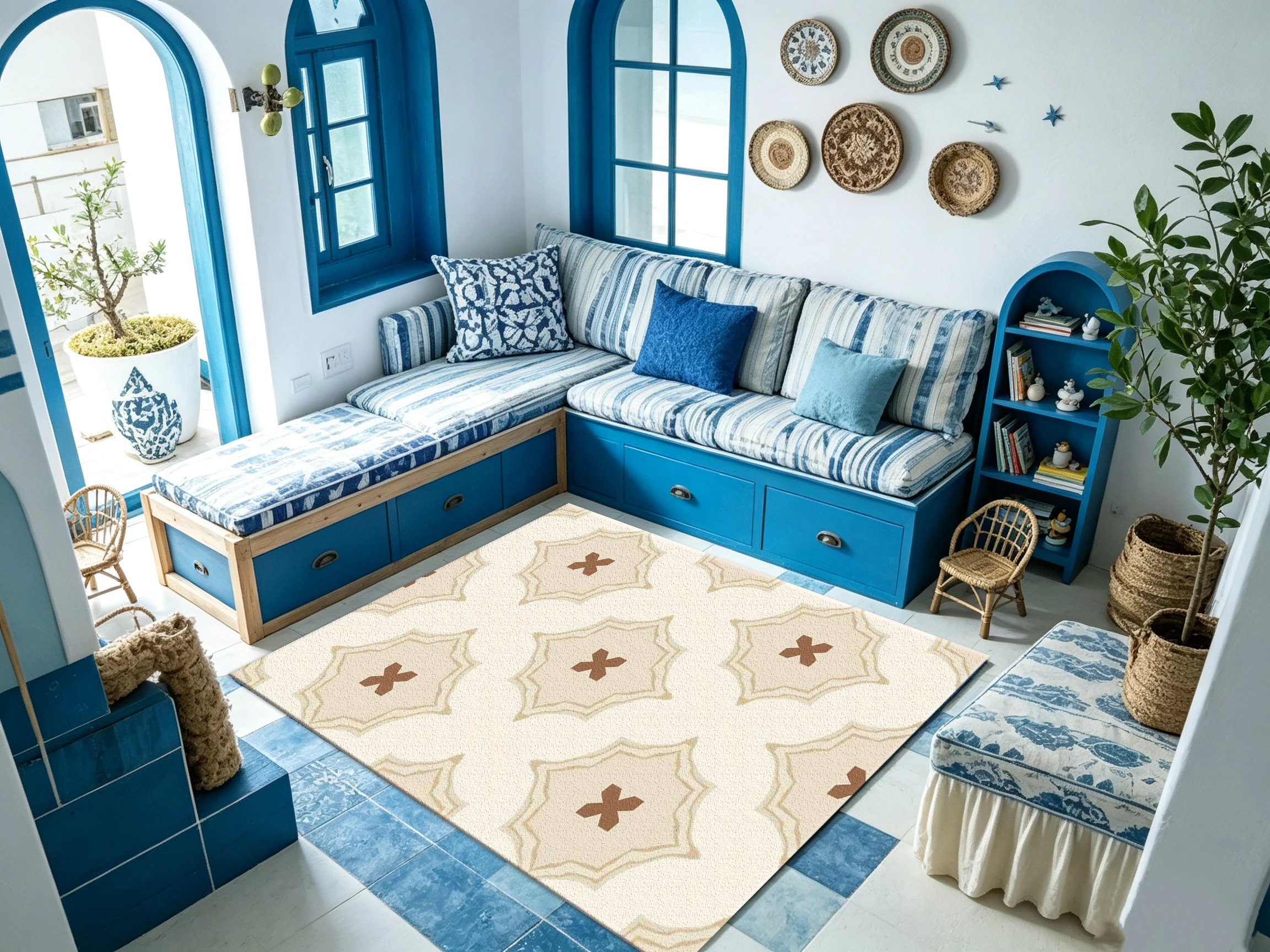 Neutral Beige Geometric Tile Carpet, Vintage Moroccan Style Home Carpet Suitable for Living Room, Bedroom, and Home Decoration