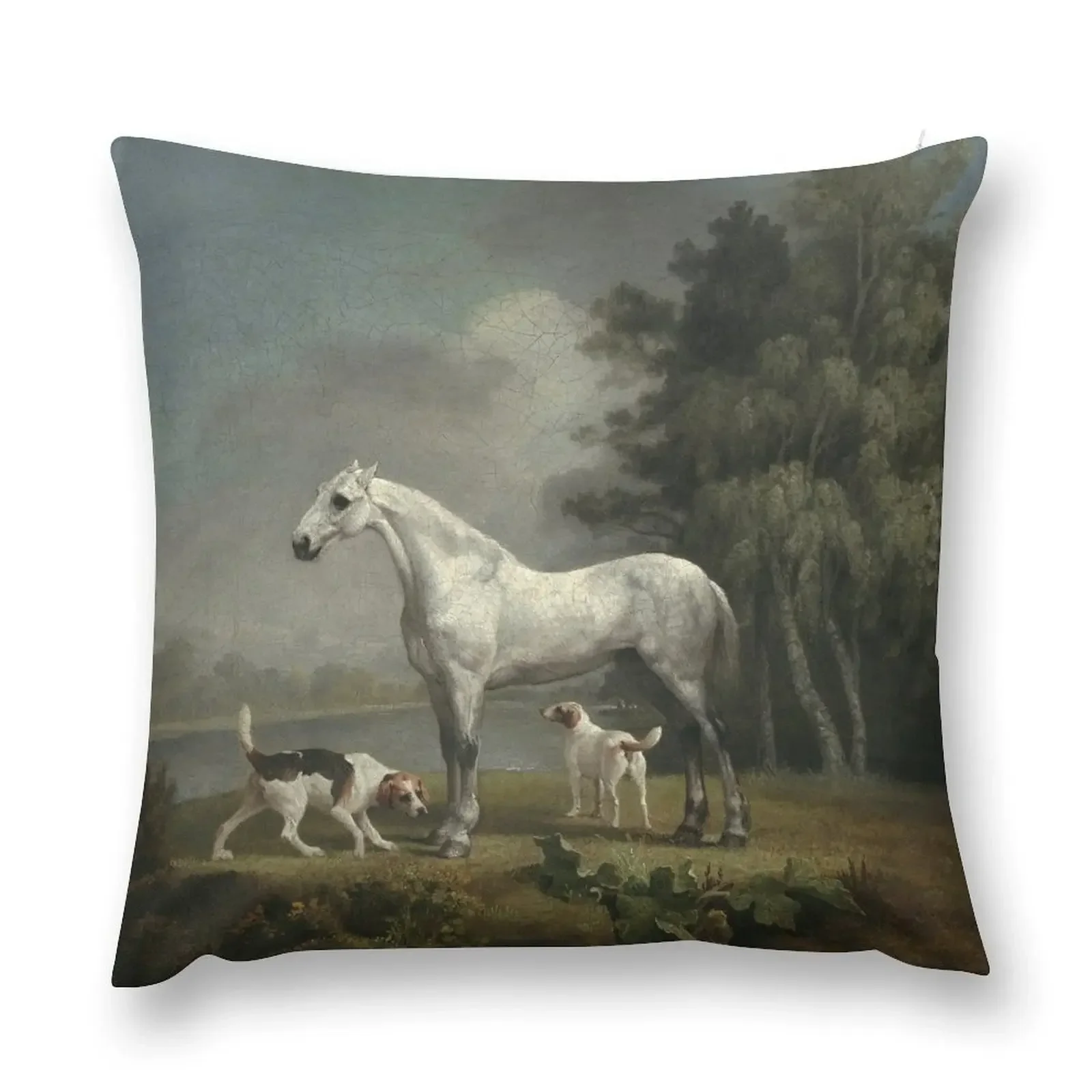 George Stubbs - A Dapple Grey Hunter With Two Foxhounds Beside A Lake Throw Pillow Cushion Cover Luxury Cushion Cover pillow