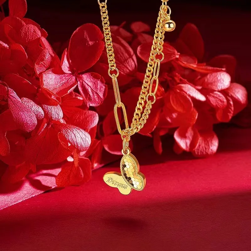 

Light Luxury 9999 24K Real Gold Dragon Scale Butterfly Set Chain Necklace with One Piece Chain Pendant and Collar Chain