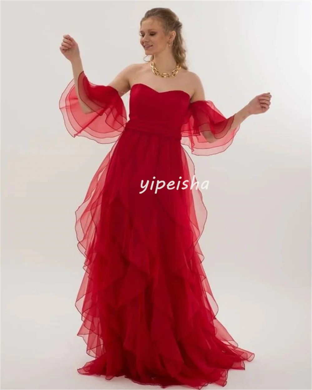 Customized Matching Sexy Tulle Pleat Ruched Tiered A-line Off-the-shoulder Long Dresses Bespoke Occasion Dresses Exquisite Retro