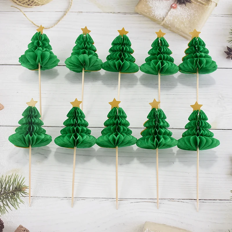 10Pcs Green Christmas Tree Paper Straws Cake Topper Drink Fruit Cocktail Straw Xmas Decoration Birthday DIY Party Supplies