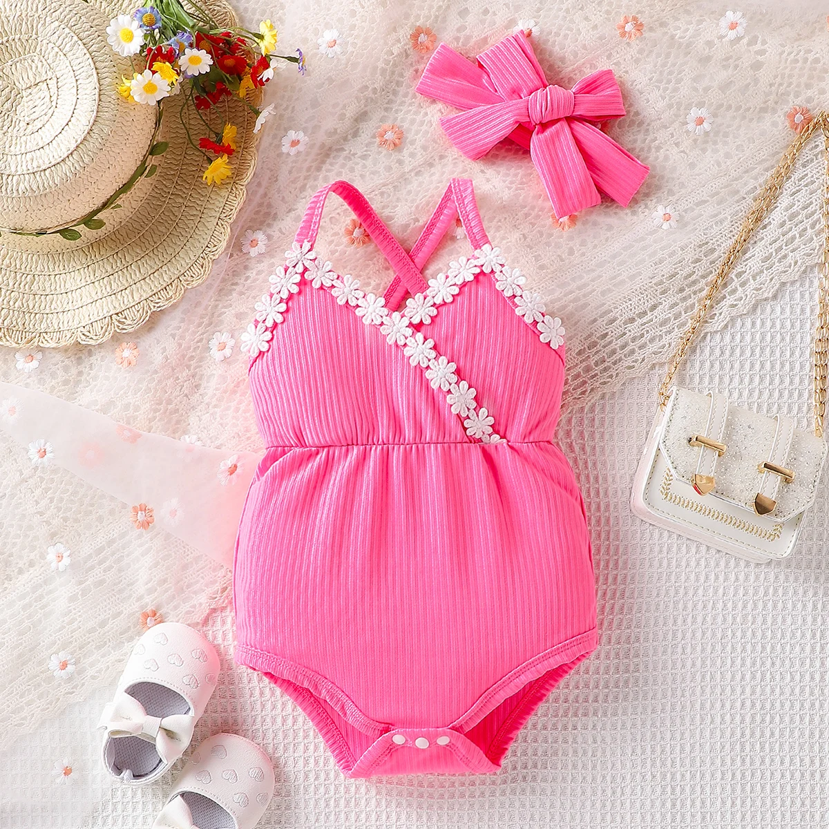 Spring Summer Girls  Bodysuit Hanging Strap Embroidered Lace Wrapped  Waist Triangle Climbing Suit Newborn Baby Romper Set