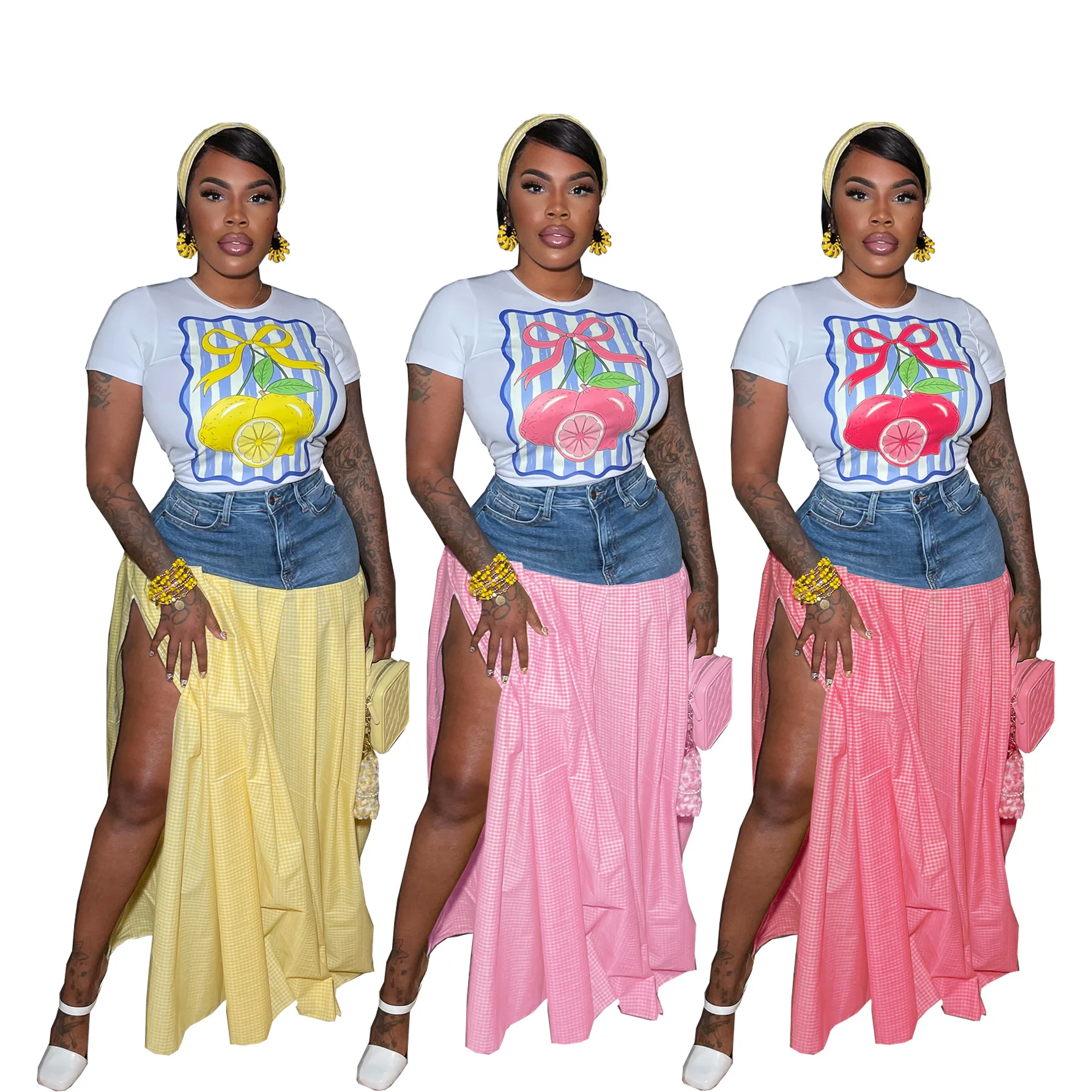 

Women Fashion High Side Split Plaid Denim Patchwork Loose Maxi Long Skirts 2025 Summer Streetwear Classic Party Skirt Set