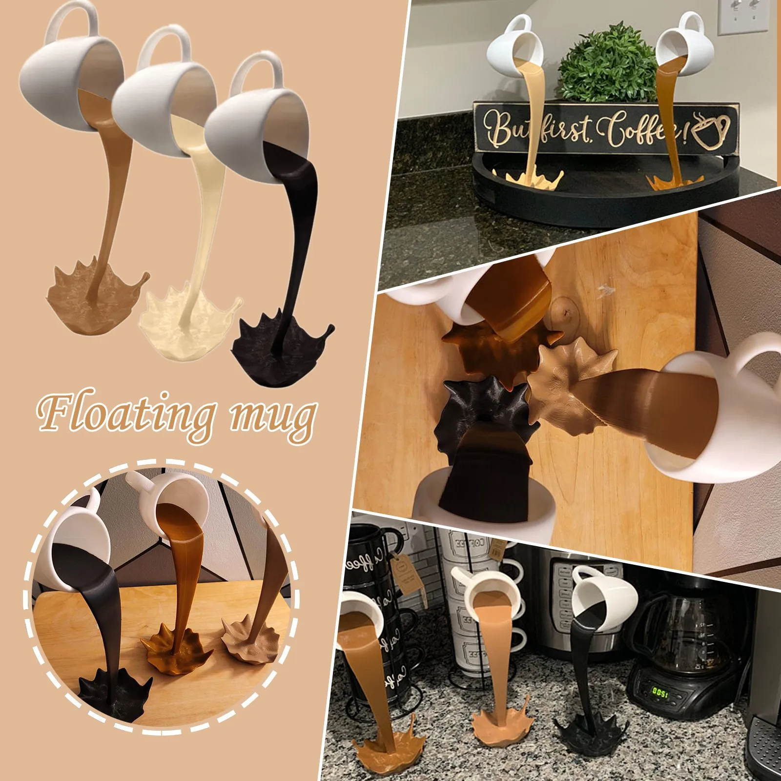 Resin Statues Floating Coffee Cup Art Sculpture Kitchen Home Decor Statue Crafts Spilling Magic Pouring Liquid Splash Coffee Mug