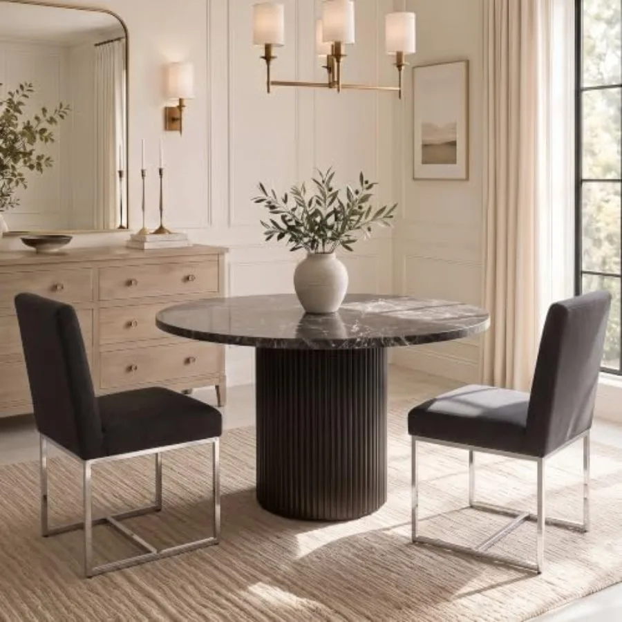 Modern Dining Chairs Set of 2, Upholstered Linen Dining Room Chairs with Ergonomic Back and Polished Silver Metal Frame for Hom