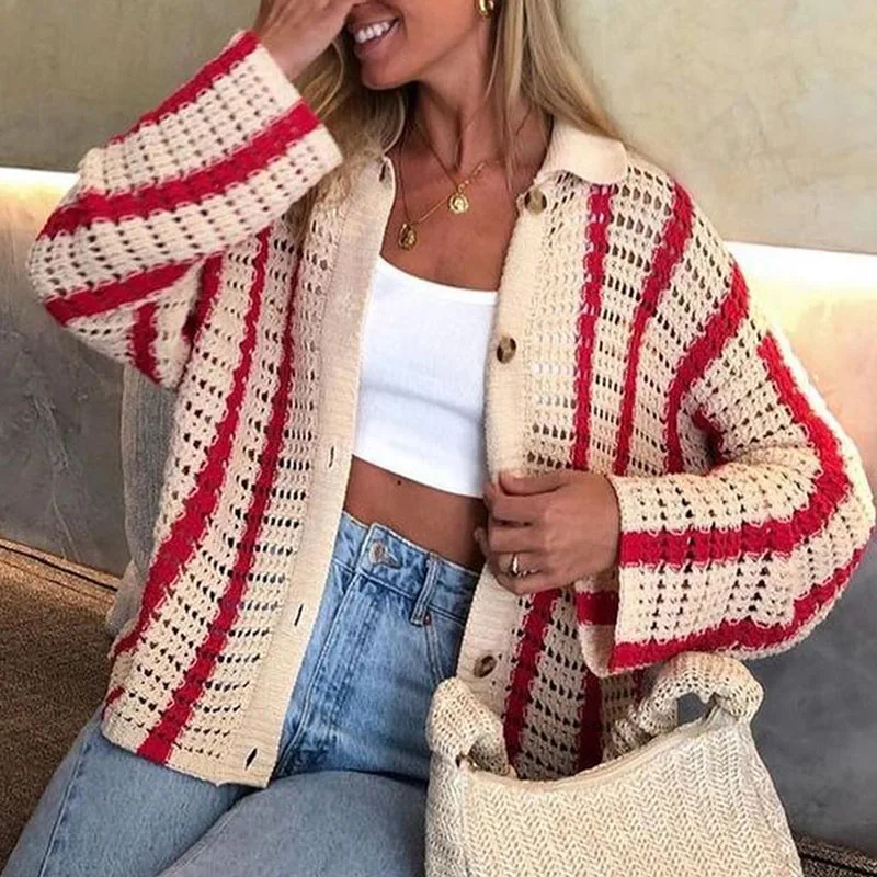 Fall Winter Striped Print Patchwork Knitted Set Women Sexy Button Long Sleeve Sweater & Shorts Outfit Casual Slim Two PIece Suit