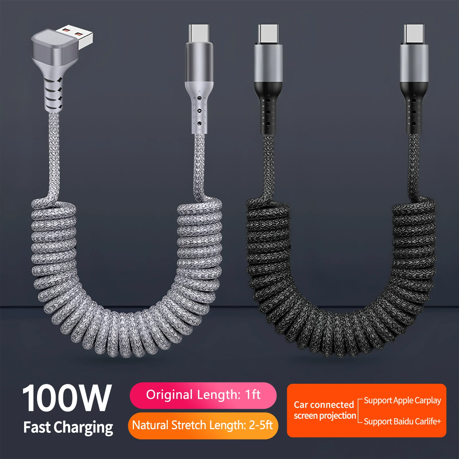 Cable USB-C en espiral con codo, cable de carga trenzado estirable compatible con iPhone 14/15/16/Plus/Pro Max More, para Carplay