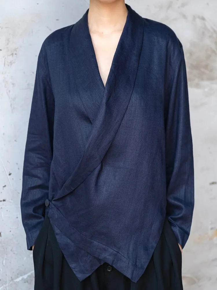 

New Chinese Style Simple Linen Zen Dark Blue Top Vintage V-neck Small Shirt Commute Korean Version Straight Body Summer Women...