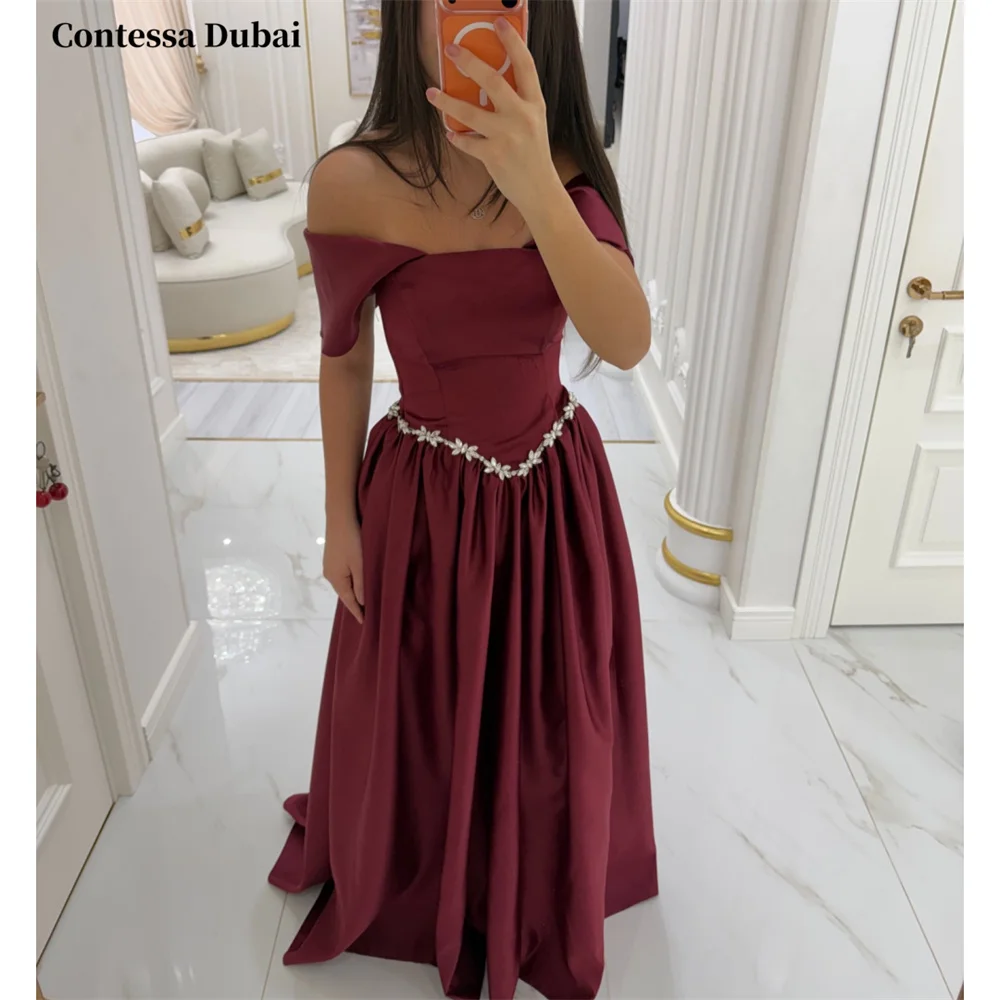 

Contessa Custom Burgundy Off Shoulder Evening Dress Satin Crystal Prom Dresses A-Line Vestidos De Noche Luxury Formal Evening