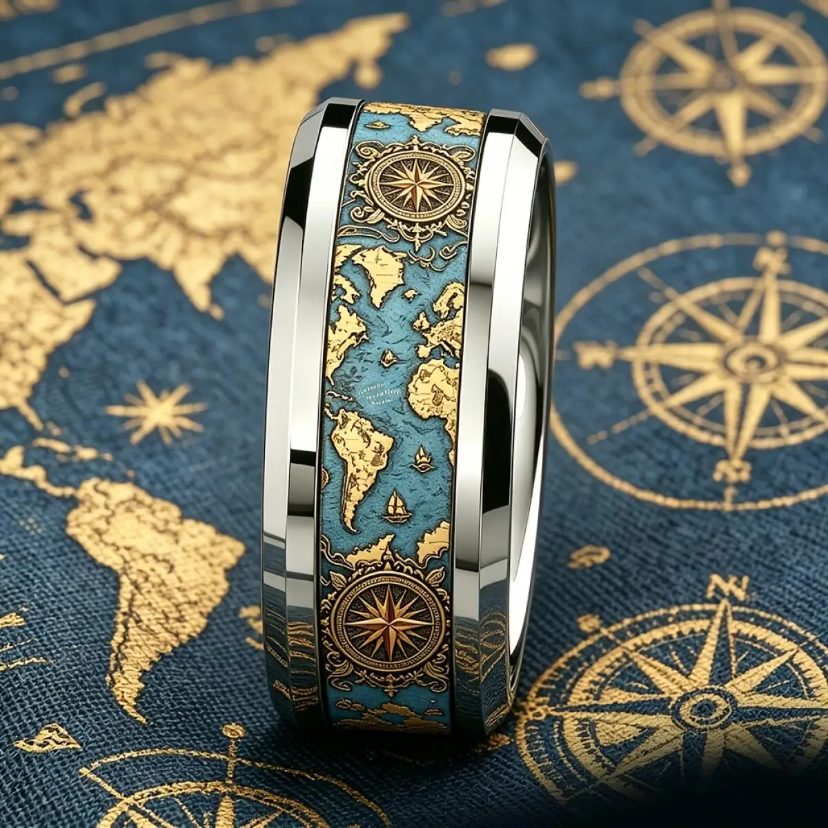 Vintage World Map Compass Ring Retro Ocean Theme Men Stainless Steel Ring High Polished Nautical Traveler Jewelry Gift for Him