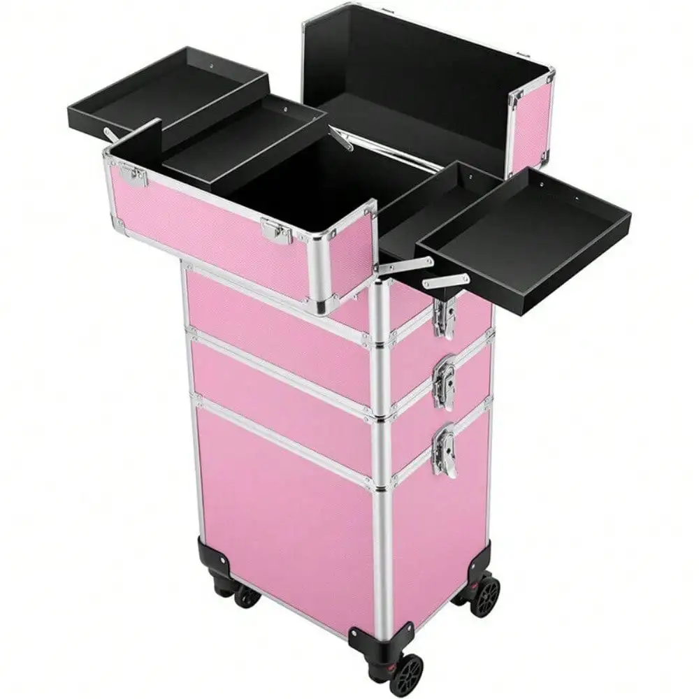 4in1 Makeup Rolling Train Case Aluminum Trolley Cosmetic Organizer Box w/ Straps